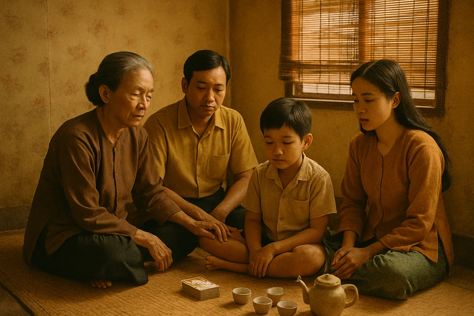 Gia đình ba thế hệ ngồi quây quần trên chiếu cói, bộ bài truyền thống giữa vòng tròn gia đình