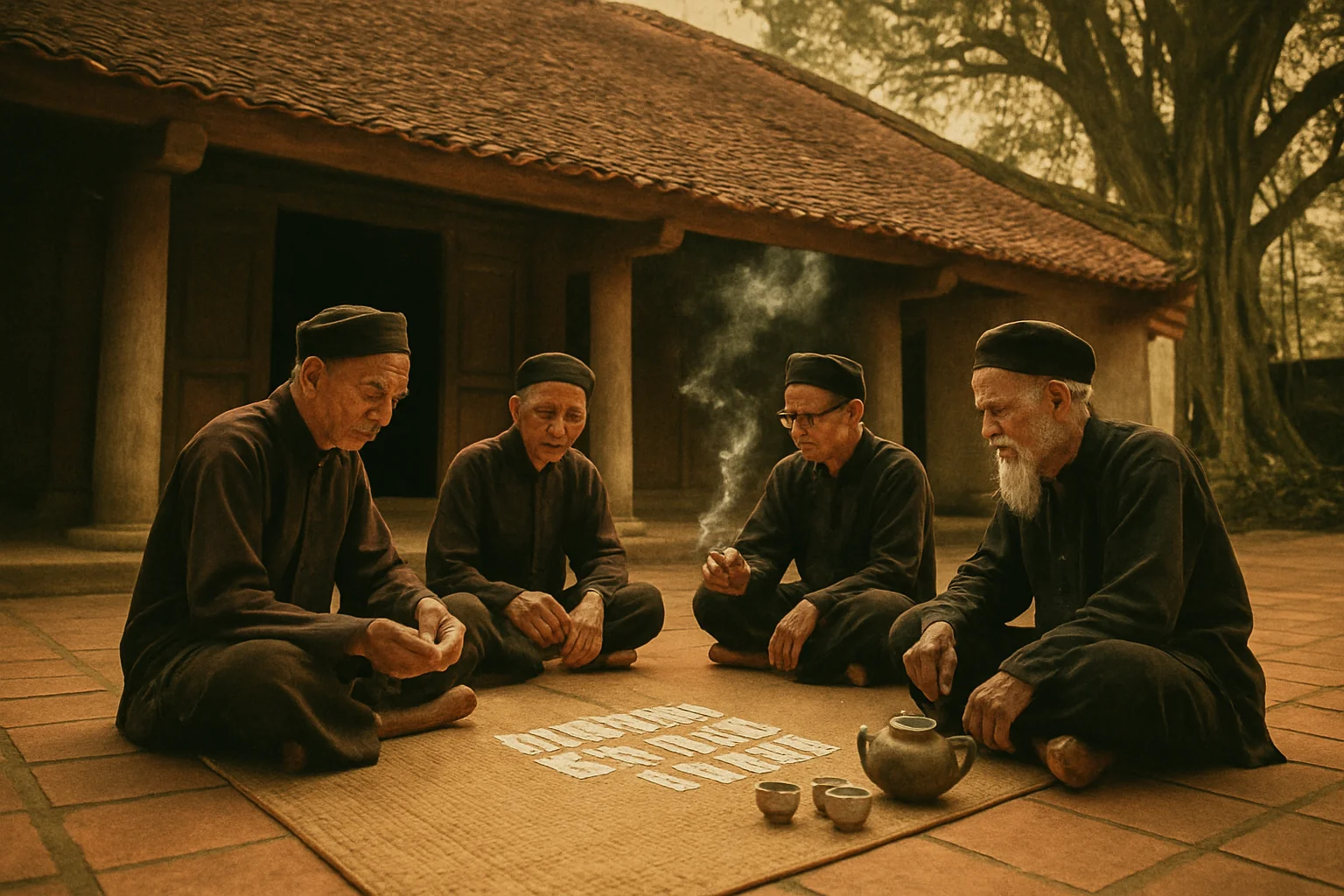 Bốn cụ ông ngồi chơi Chắn trên chiếu cói sân đình làng Bắc Bộ