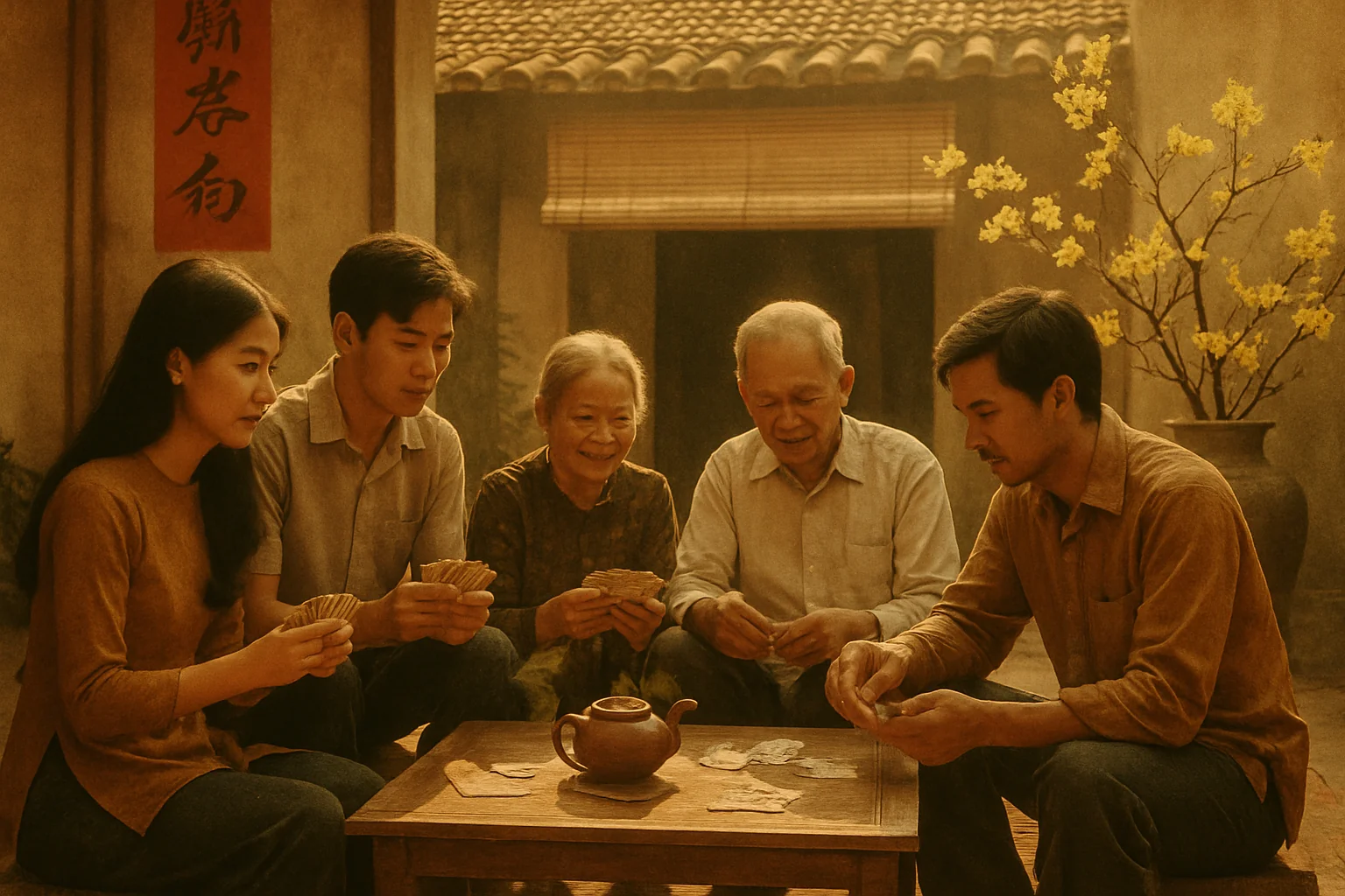 Gia đình Việt nhiều thế hệ chơi bài truyền thống trên chiếu cói ngày Tết, sân nhà ngói