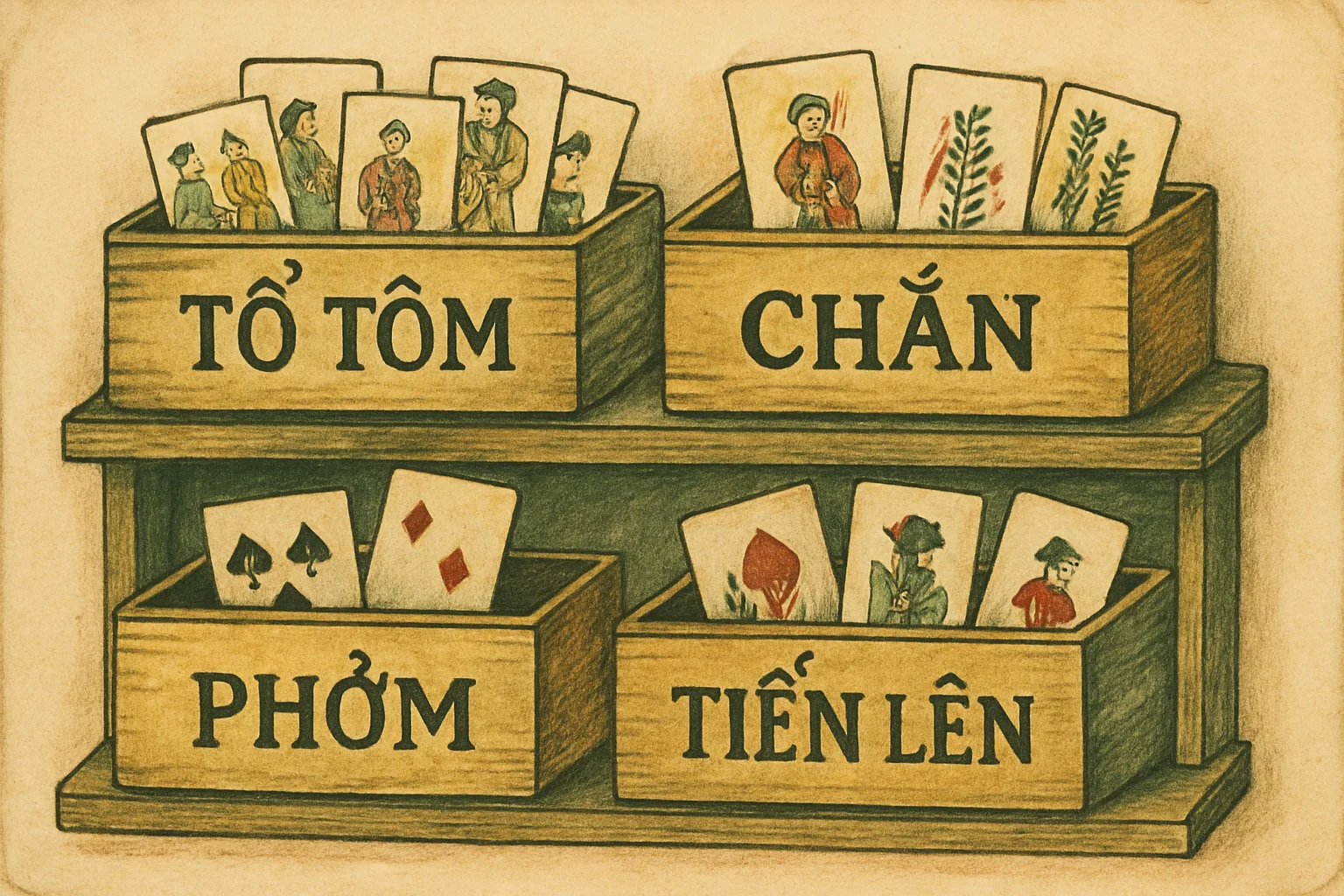 Thư viện game bài truyền thống Việt minh hoạ phong cách sách cũ thập niên 1970