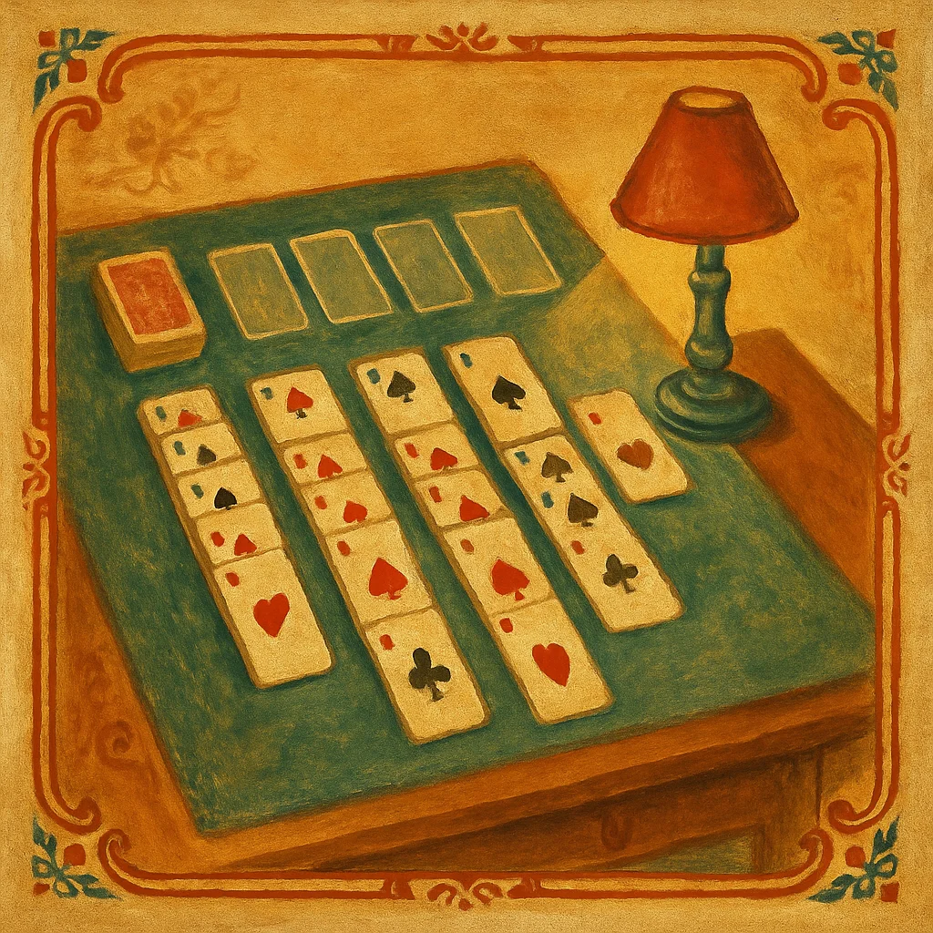 Cách chơi Solitaire Klondike cơ bản cho người mới — minh hoạ retro Saigon