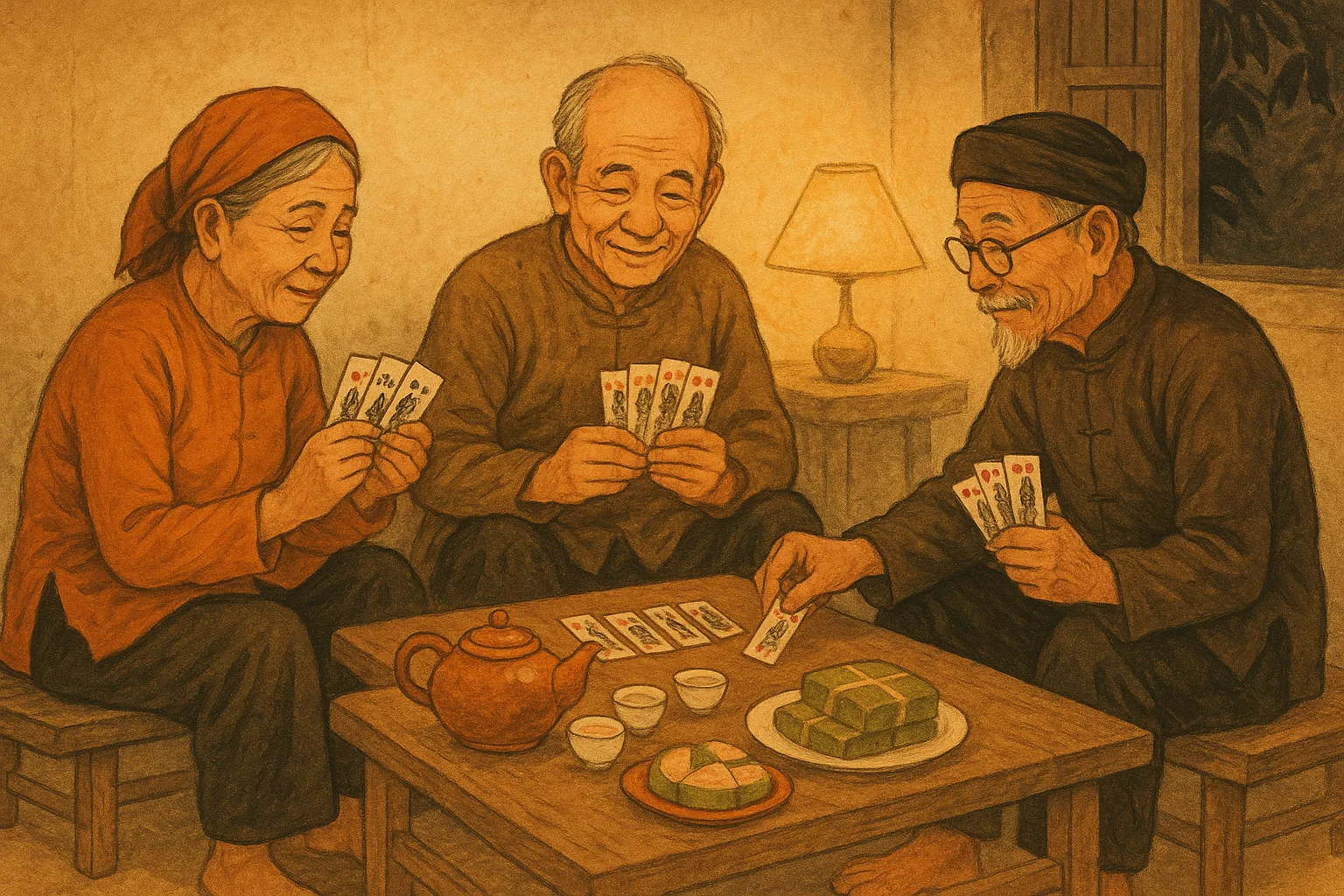 Tam Cúc — ba cụ chơi bài 32 lá quanh bàn gỗ bên trà sen