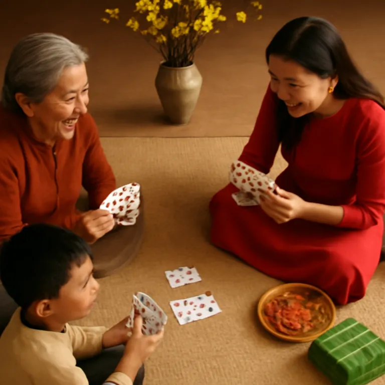 Đánh bài ngày Tết: cả nhà ba thế hệ quây quần chơi bài trên chiếu bên cành mai